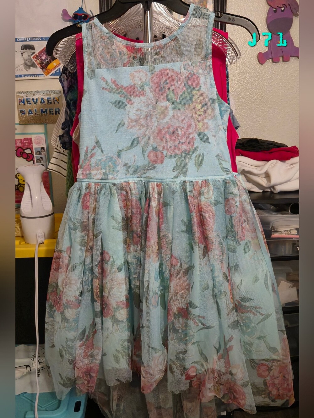 Girls Sz 10/12 Lt Blue Floral Pink Roses Mesh Party Formal Sunday Best Dress